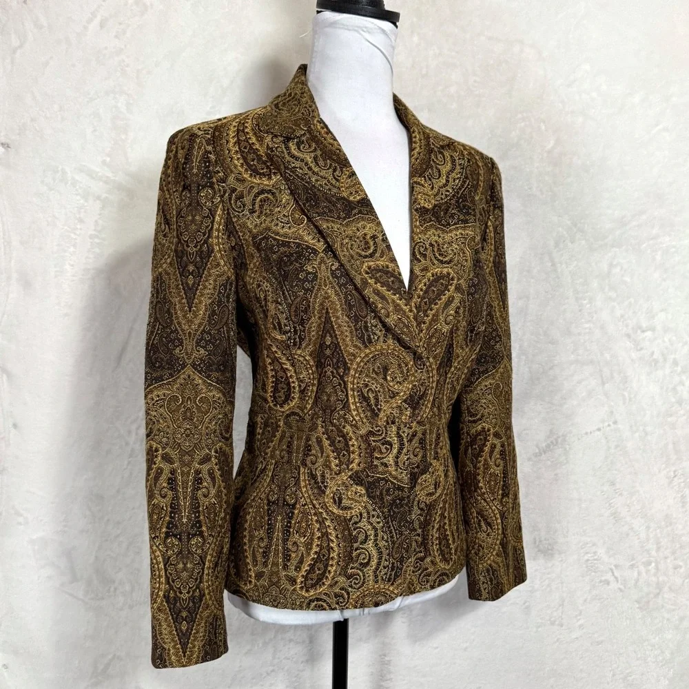 Vintage Paisley Tapestry Blazer Brown Gold Tailored Jacket 12 P Fits Sz Medium P